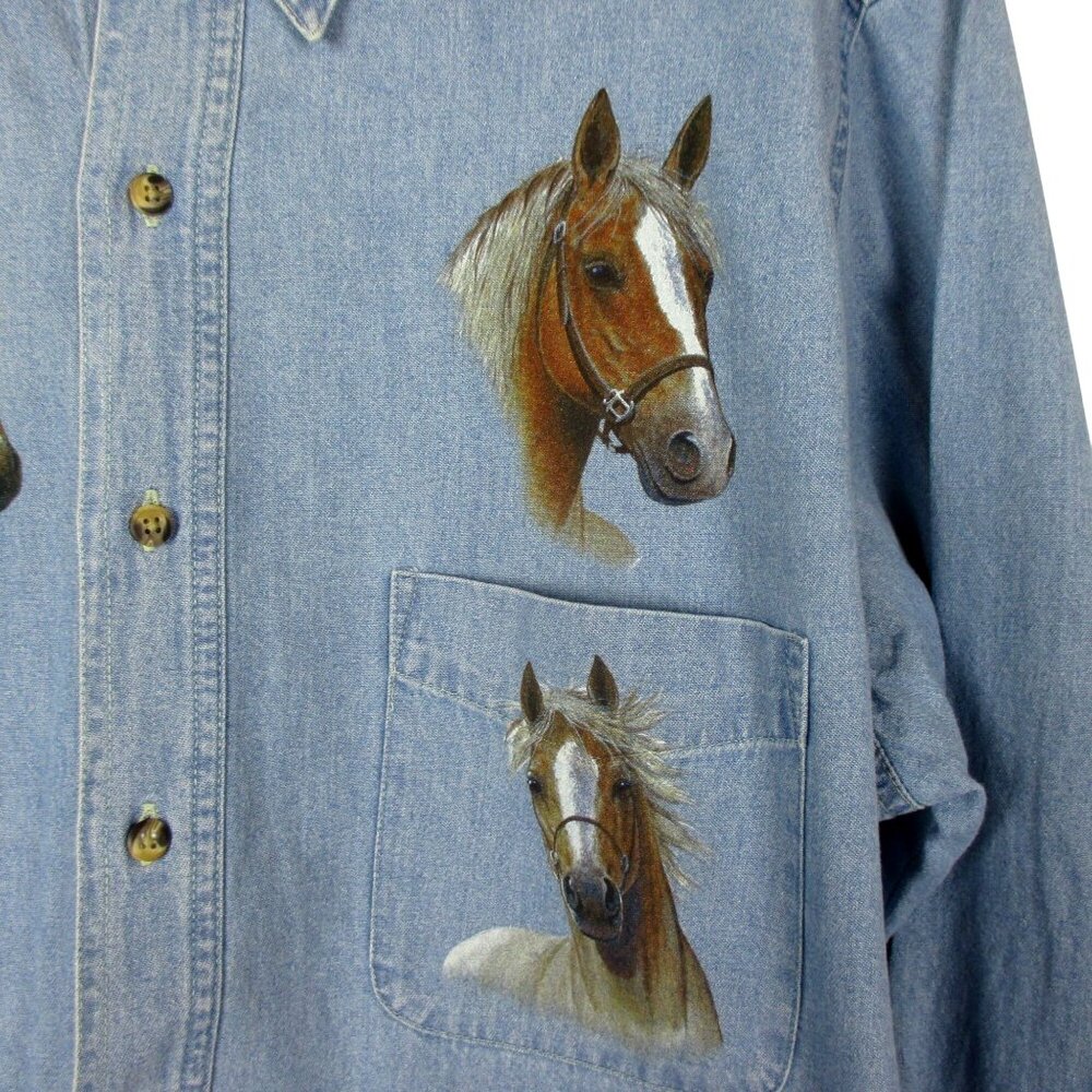 Jerzees Horse Denim Shirt Button Down Women's Cotton Size L Equestrian - Picture 8 of 8